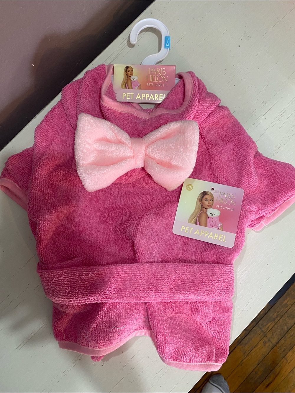 Paris Hilton Hot Pink Plush Pet Hoodie with Light Pink Bow